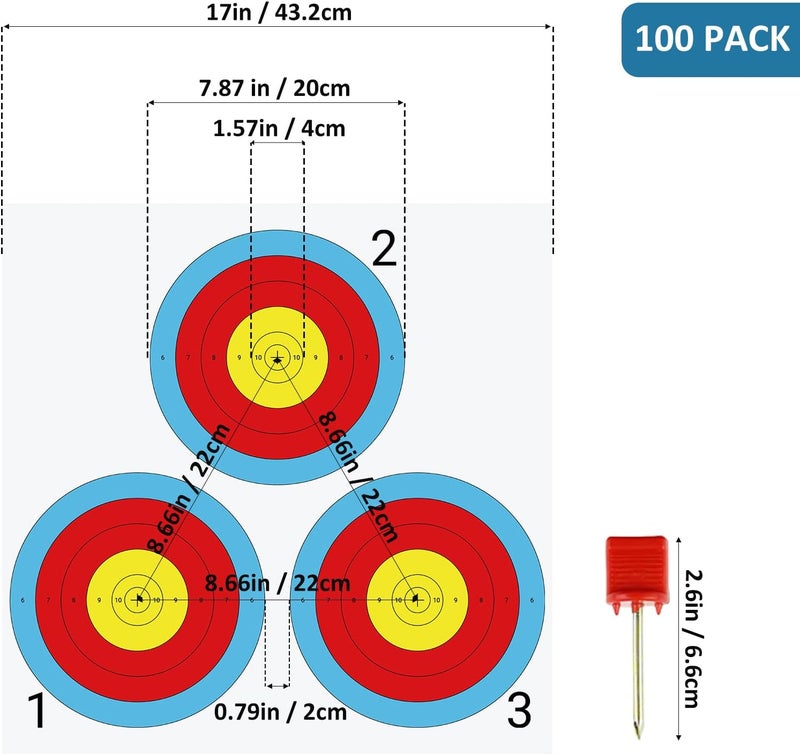 suituts 100 pcs Archery Targets Paper 3 Spot Bow and Arrow Target Paper 17 x 17 Inch Paper Archery Targets, 4 Pcs Archery Target Pins Included - Image 2